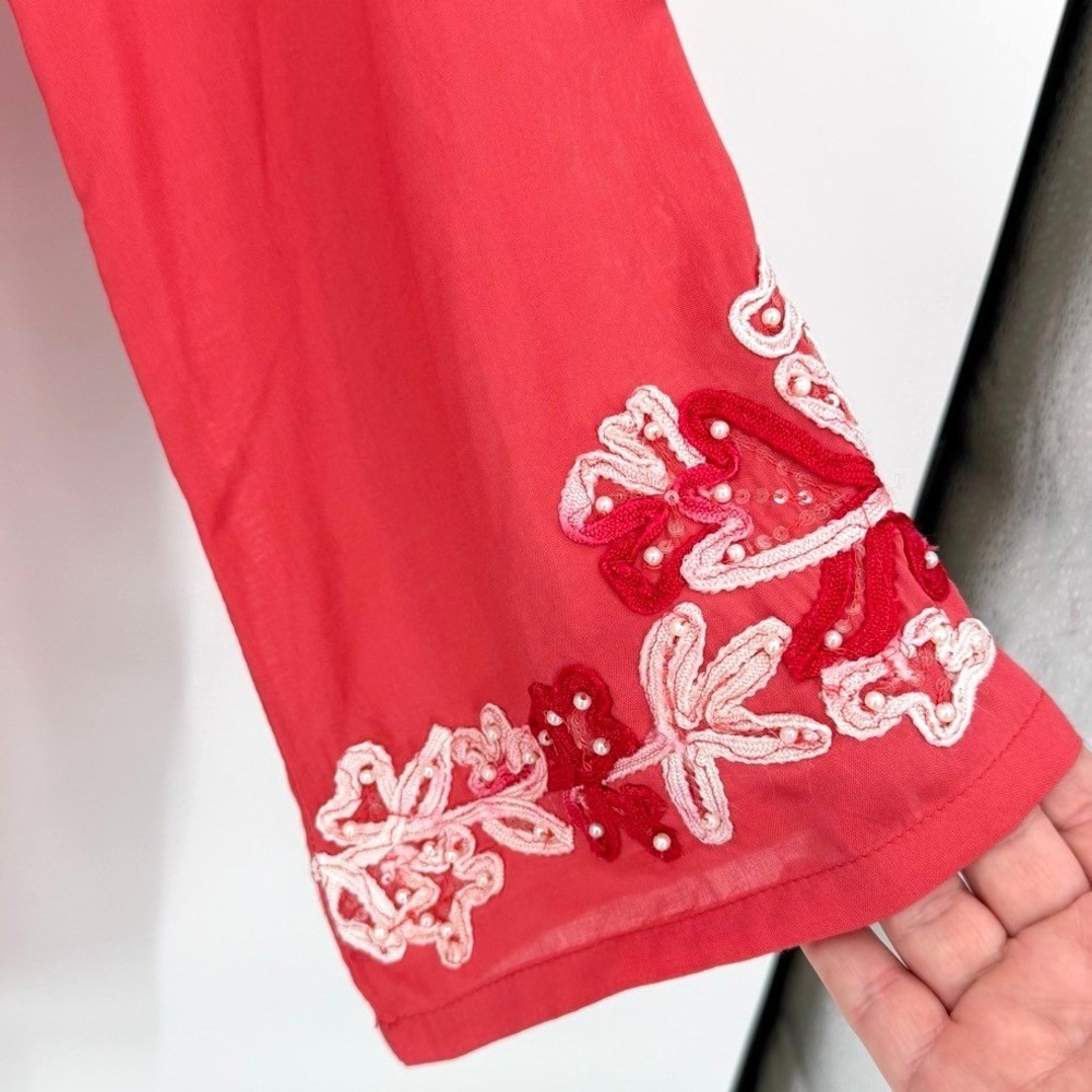 Soft Surroundings Womens Small Tunic Top Embroidered Beaded Tassel Coral Crush - Picture 6 of 9